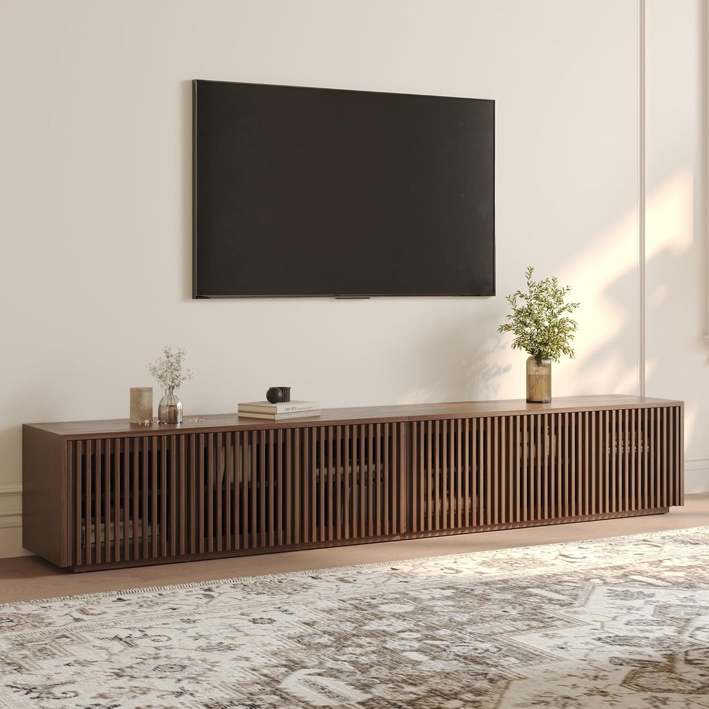 POVISON Full Assembled Mid Century Modern TV Stand, Black Entertainment Center for 65 inch TV, Wood Slatted Media Console with Storage, Low TV Cabinets for Living Room Bedroom, Oak Veneer