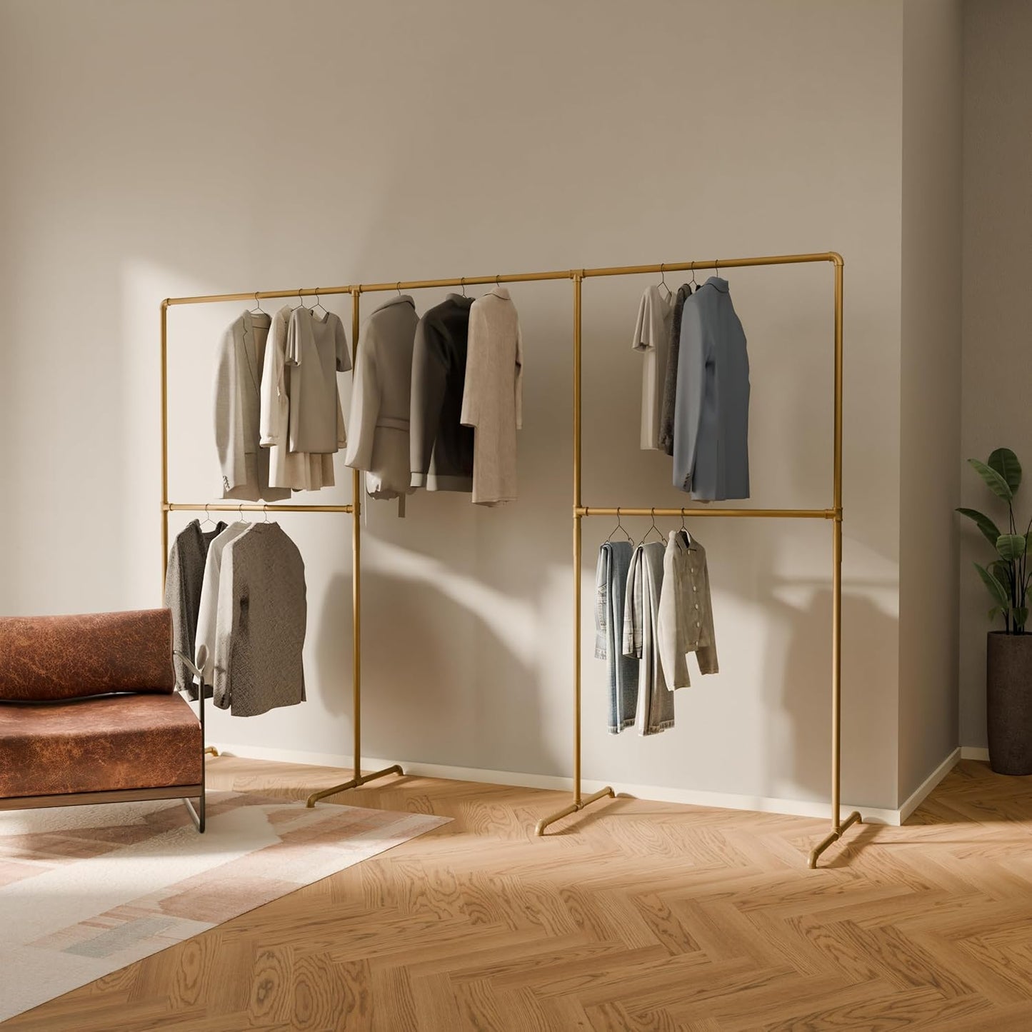 pamo Gold Clothing Rack – 59.84" W x 76.38" H – Industrial Pipe Metal Garment Organizer for Bedroom or Retail – Heavy-Duty Clothes Rack – Easy Assembly