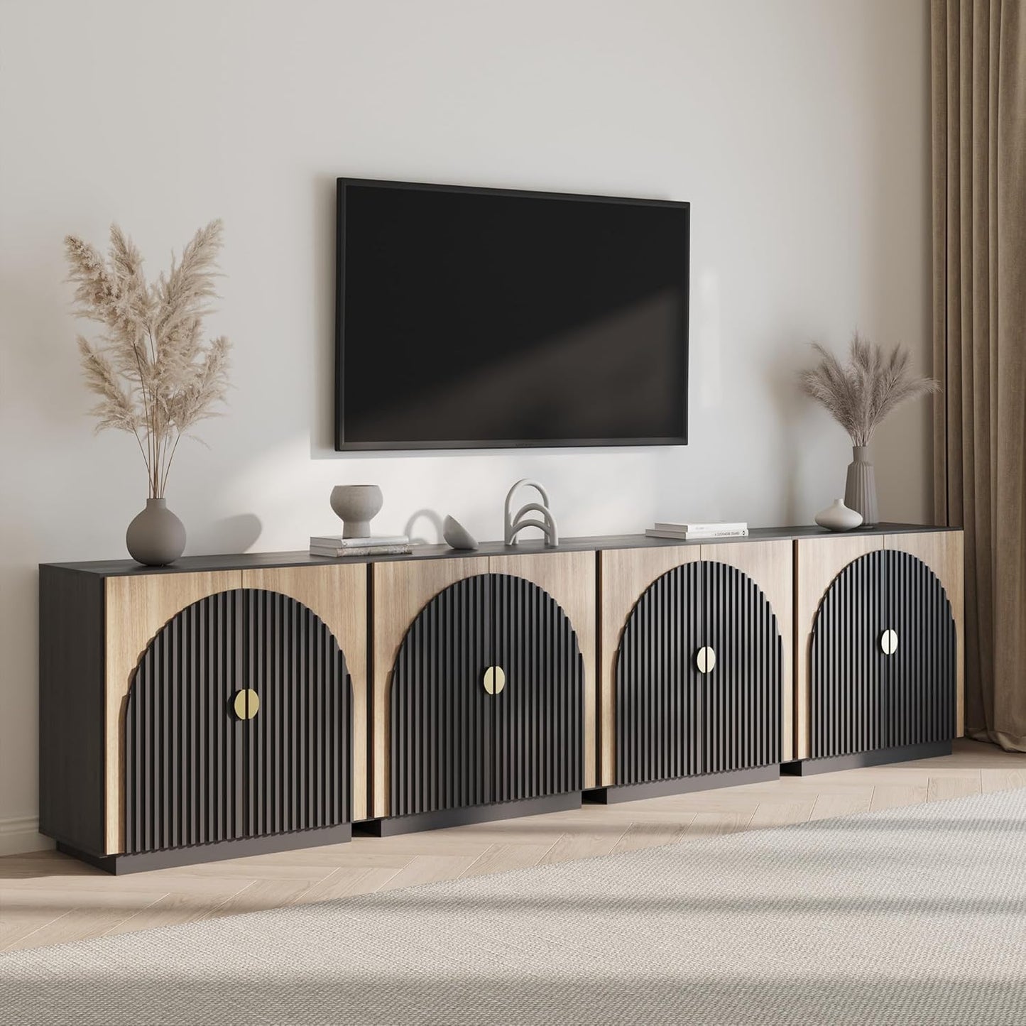 BELLEZE 65 Inch Fluted TV Stand, Mid Century Modern Entertainment Center with Storage Cabinets & Open Shelves, Media Console TV Cabinet with Adjustable Shelves for Living Room, Caramel Brown