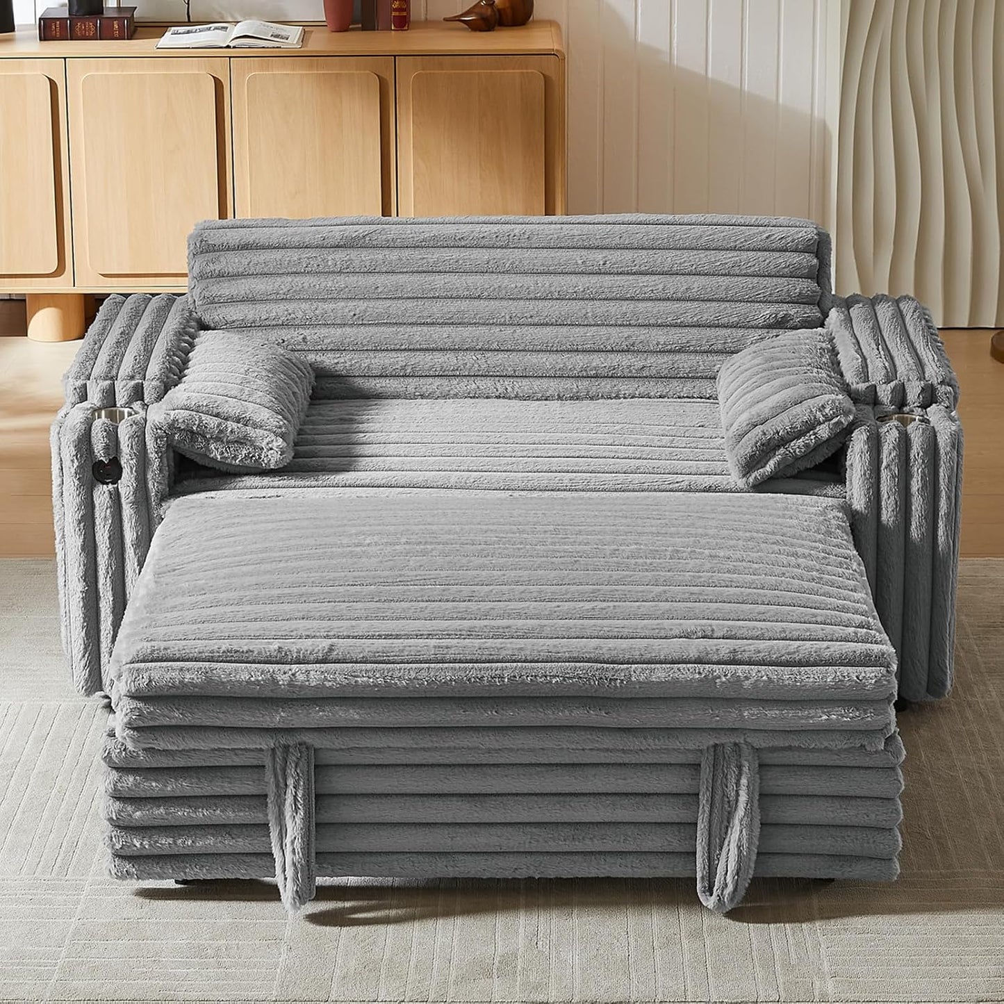 65'' 3-in-1 Folding Convertible Sofa Bed, Pullout Sofa, Modern Chenille Fabric, 360° Swivel Side Table, Easy Assembly, Perfect for Living Room, Black