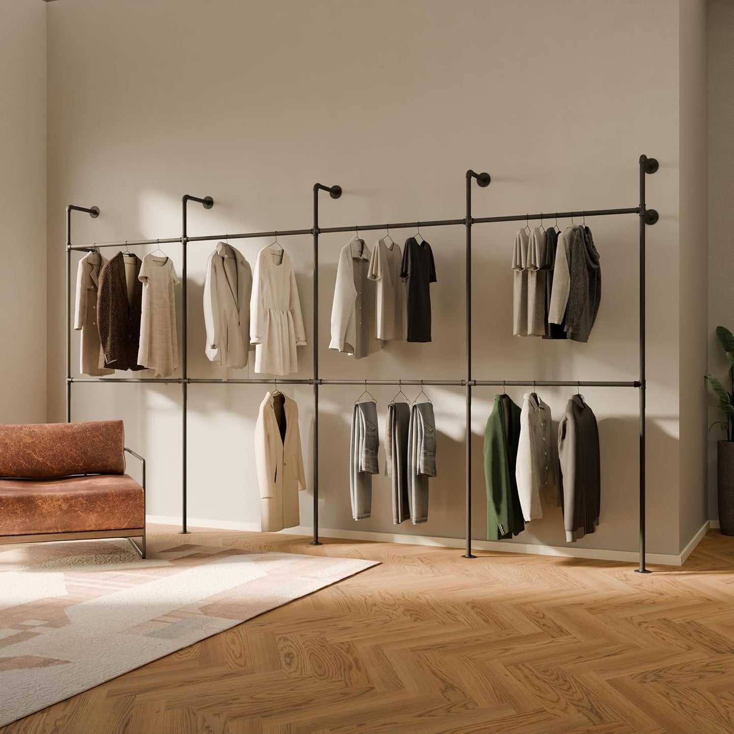pamo Industrial Pipe Clothing Rack – Wall Mounted Black Closet System in Powder-Coated Steel – 116.54" W × 87.4" H – Easy Setup – Ideal for Walk-In Closets & Retail Use