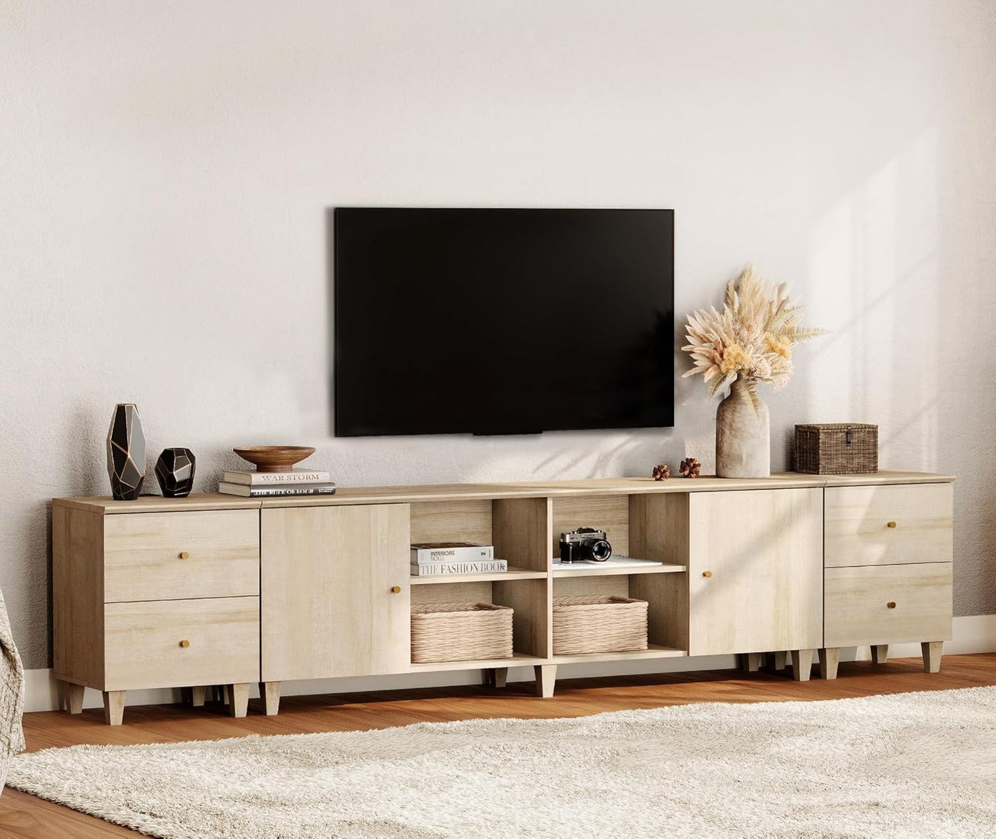 WAMPAT 3-in-1 TV Stand w/Doors&Charging Station, 105" Modern Wood Entertainment Center Media Console for 110+ inch TVs, TV Cabinet w/Shelves&4 Drawers for Living Room, Bedroom, Light Oak