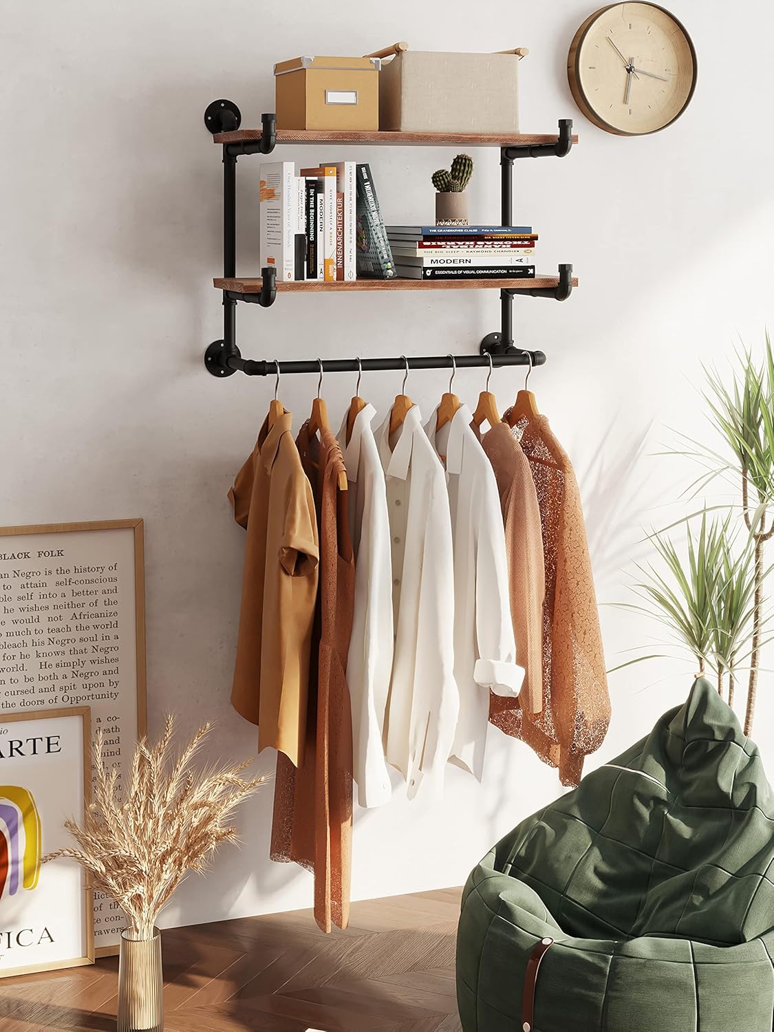 60In Industrial Pipe Clothing Rack with Top Shelf, Space-Saving Wall Mounted Clothes Rack 2 Tiers Pipe Shelves, Shelf with Hanging Rod for Laundry Room, Closet Storage
