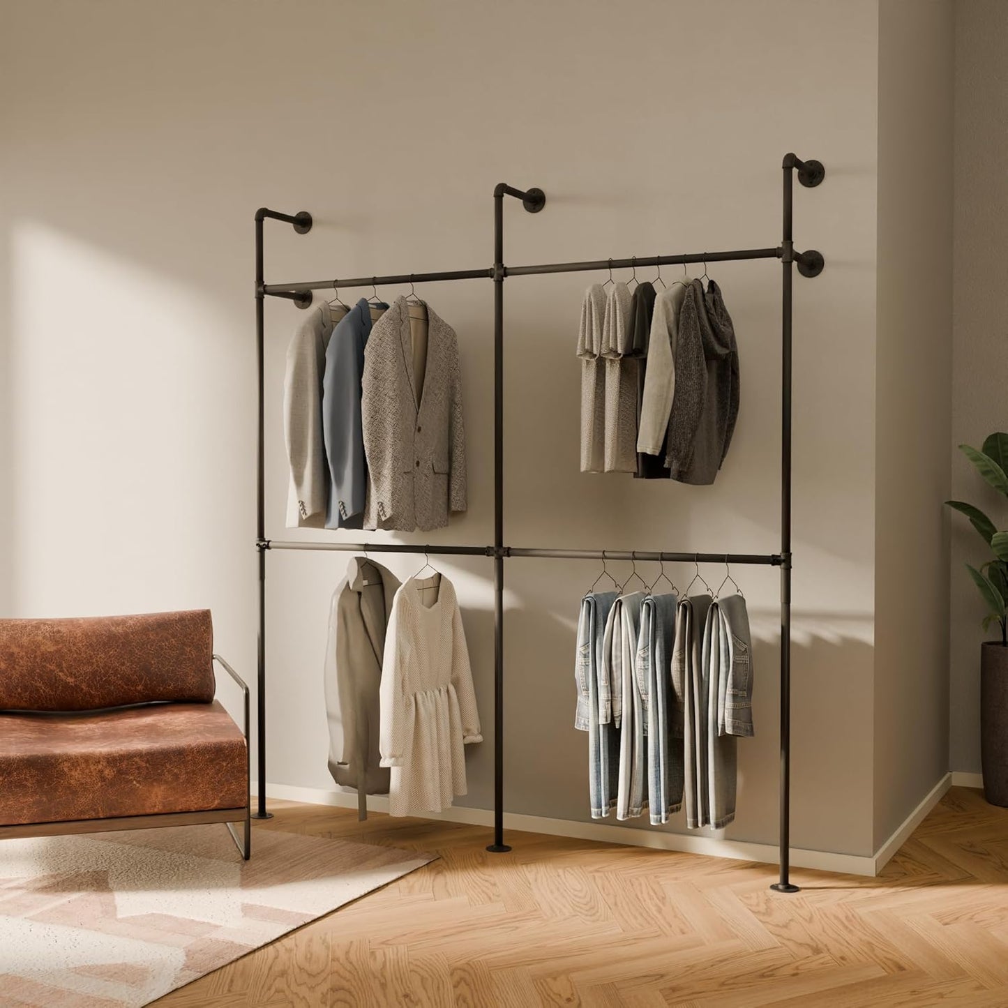 pamo Industrial Pipe Clothing Rack – Wall Mounted Black Closet System in Powder-Coated Steel – 116.54" W × 87.4" H – Easy Setup – Ideal for Walk-In Closets & Retail Use