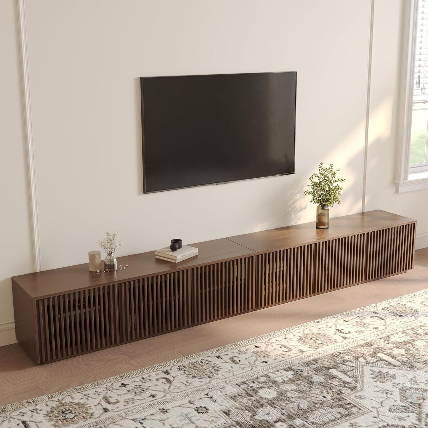 POVISON Full Assembled Mid Century Modern TV Stand, Black Entertainment Center for 65 inch TV, Wood Slatted Media Console with Storage, Low TV Cabinets for Living Room Bedroom, Oak Veneer