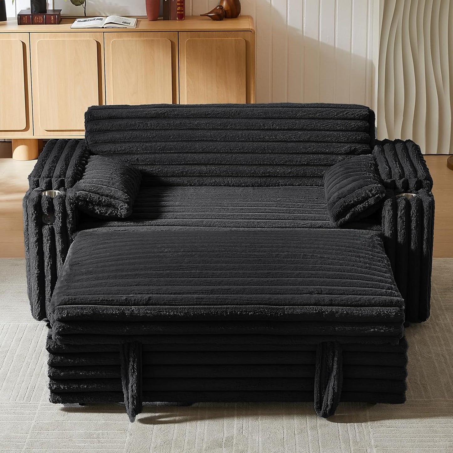 65'' 3-in-1 Folding Convertible Sofa Bed, Pullout Sofa, Modern Chenille Fabric, 360° Swivel Side Table, Easy Assembly, Perfect for Living Room, Black