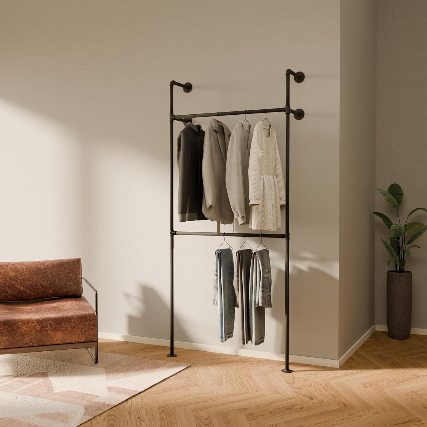 pamo Industrial Pipe Clothing Rack – Wall Mounted Black Closet System in Powder-Coated Steel – 116.54" W × 87.4" H – Easy Setup – Ideal for Walk-In Closets & Retail Use
