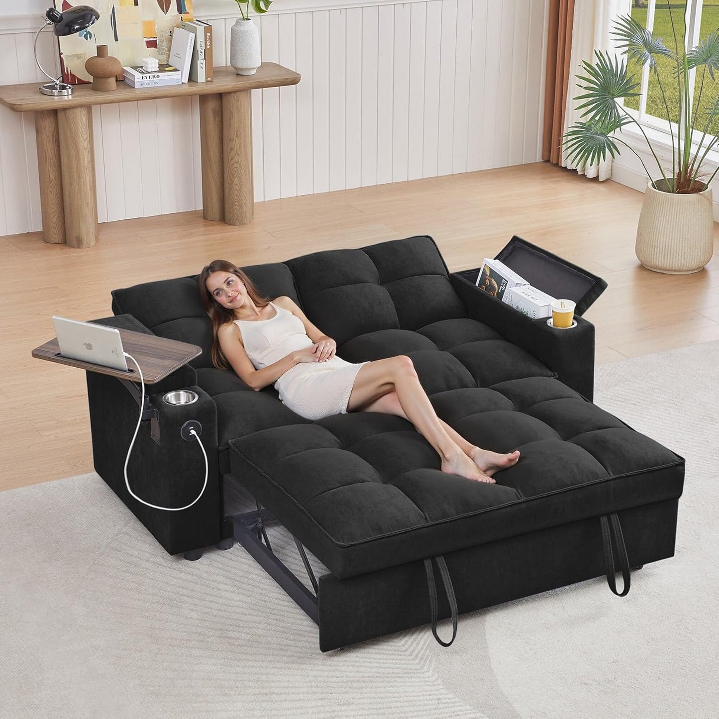 65'' 3-in-1 Folding Convertible Sofa Bed, Pullout Sofa, Modern Chenille Fabric, 360° Swivel Side Table, Easy Assembly, Perfect for Living Room, Black