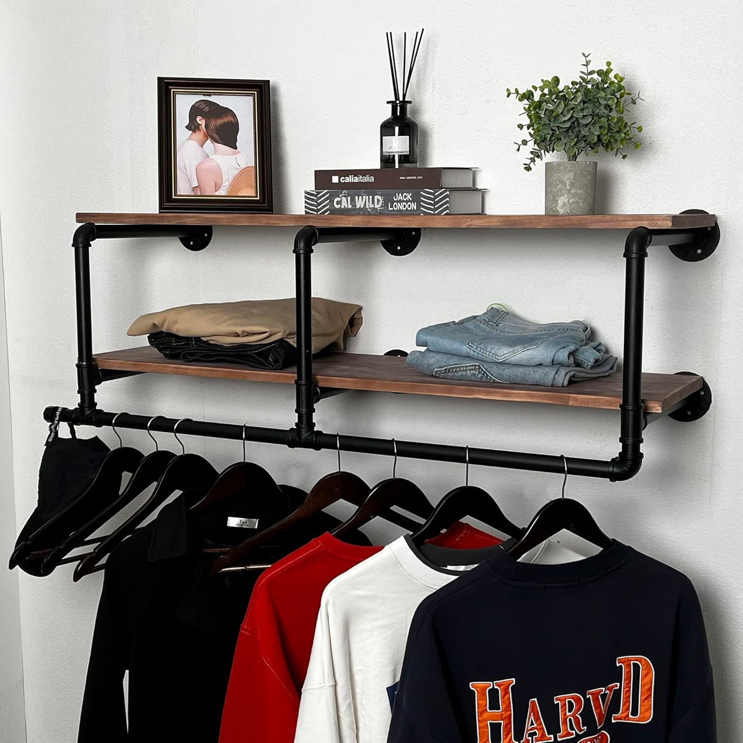 60In Industrial Pipe Clothing Rack with Top Shelf, Space-Saving Wall Mounted Clothes Rack 2 Tiers Pipe Shelves, Shelf with Hanging Rod for Laundry Room, Closet Storage