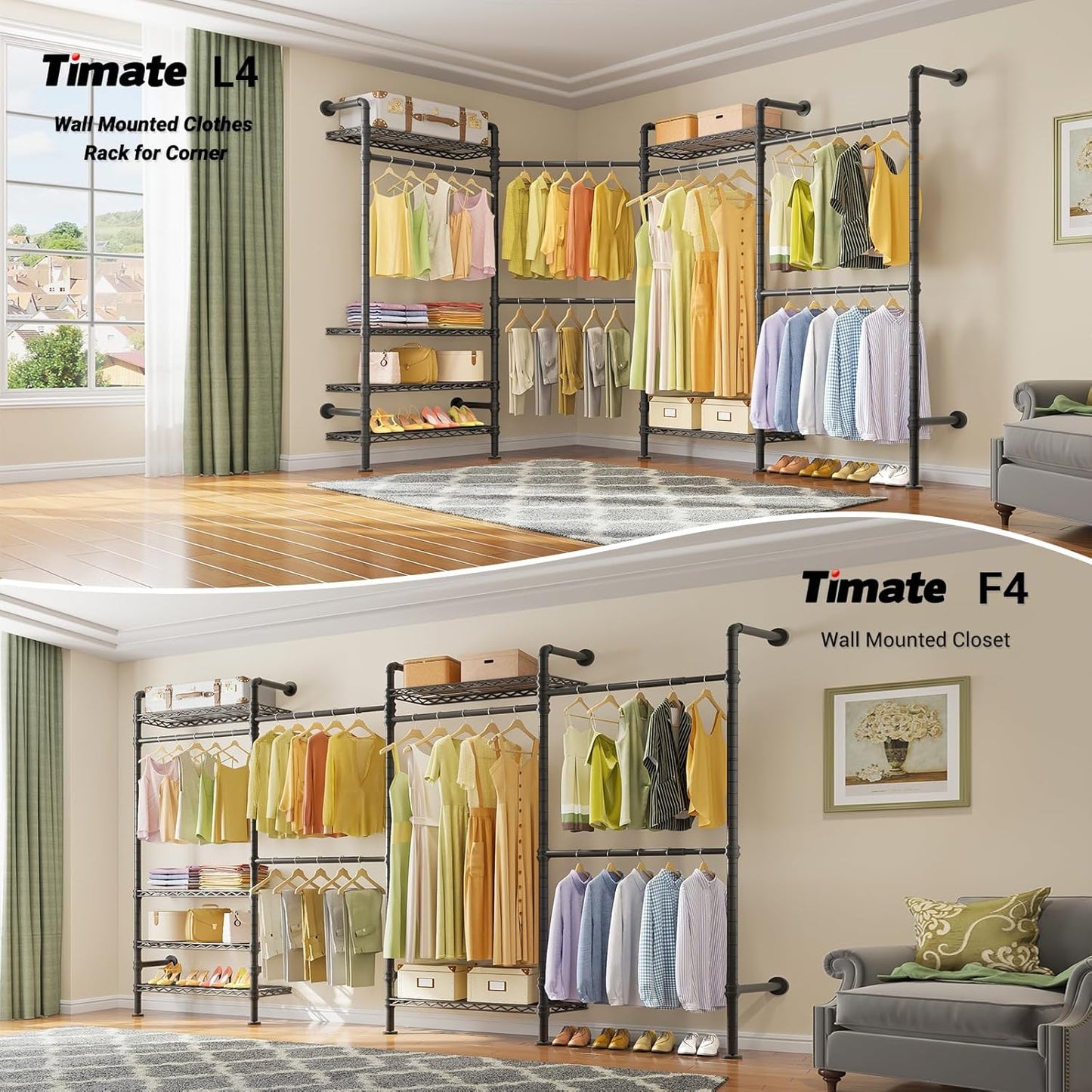 Timate F4 Wall Mounted Clothes Rack Industrial Pipe Clothing Rack for Hanging Clothes, Expandable Garment Rack Heavy Duty Wardrobe Closet Organizer and Storage, Black Adjustable Industrial Closet Kit