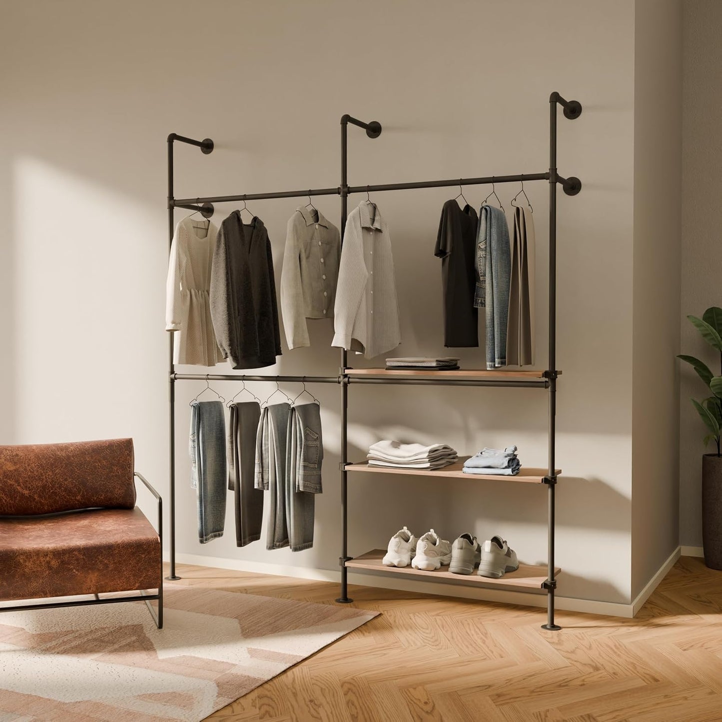 pamo Industrial Pipe Clothing Rack – Wall Mounted Black Closet System in Powder-Coated Steel – 116.54" W × 87.4" H – Easy Setup – Ideal for Walk-In Closets & Retail Use