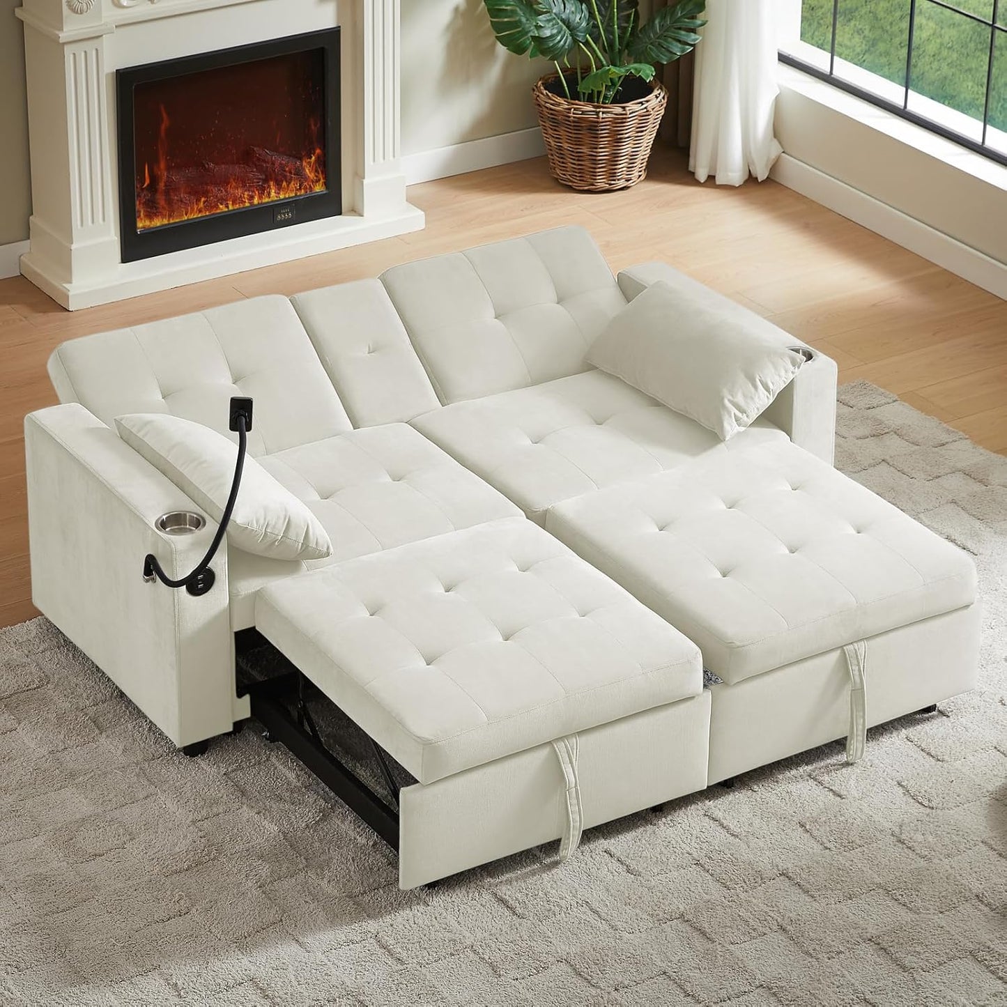 65'' 3-in-1 Folding Convertible Sofa Bed, Pullout Sofa, Modern Chenille Fabric, 360° Swivel Side Table, Easy Assembly, Perfect for Living Room, Black