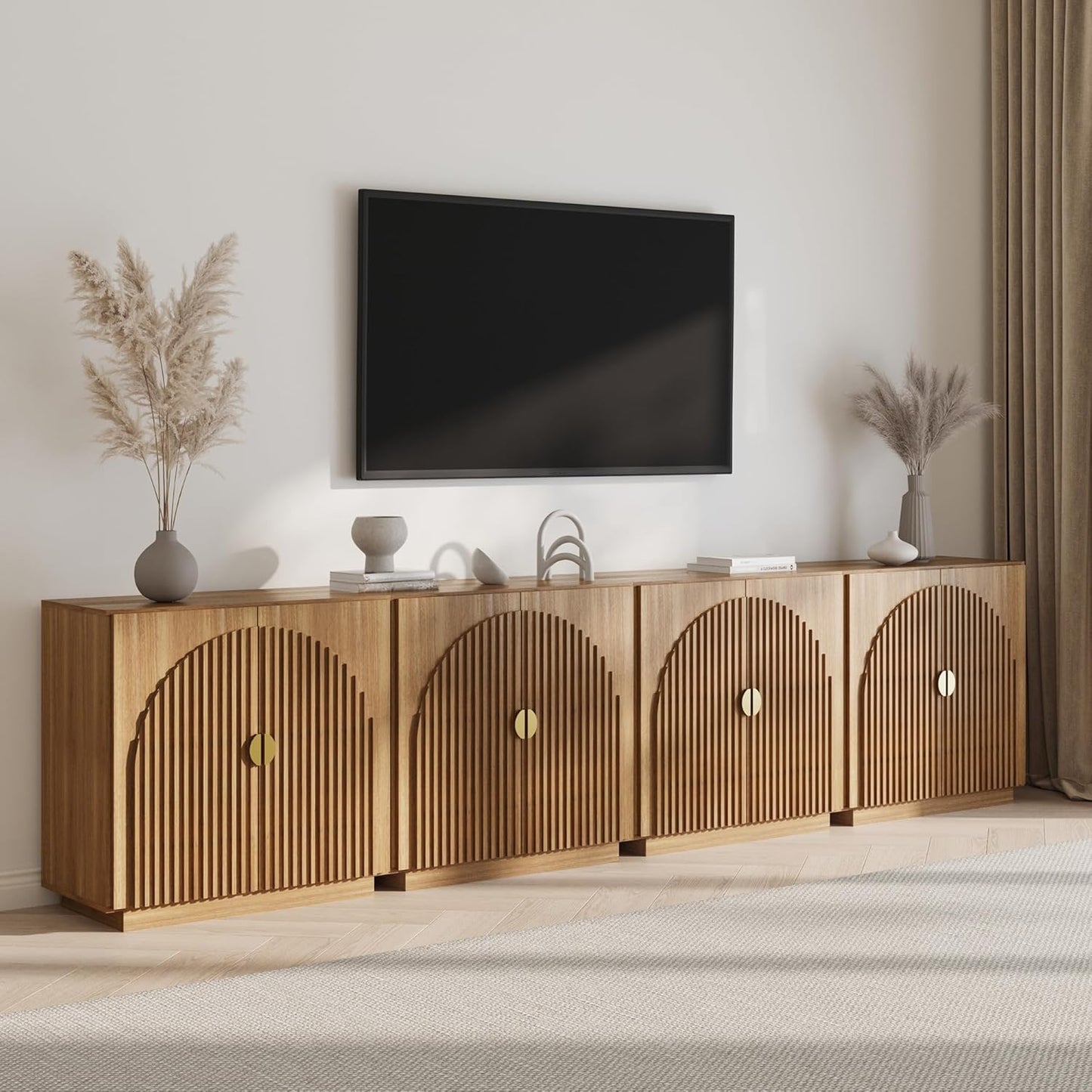 BELLEZE 65 Inch Fluted TV Stand, Mid Century Modern Entertainment Center with Storage Cabinets & Open Shelves, Media Console TV Cabinet with Adjustable Shelves for Living Room, Caramel Brown