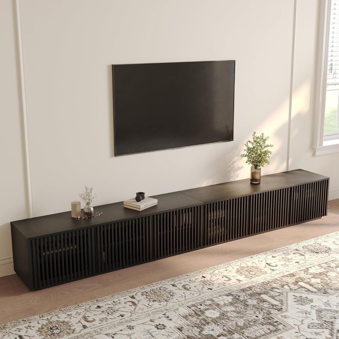 POVISON Full Assembled Mid Century Modern TV Stand, Black Entertainment Center for 65 inch TV, Wood Slatted Media Console with Storage, Low TV Cabinets for Living Room Bedroom, Oak Veneer