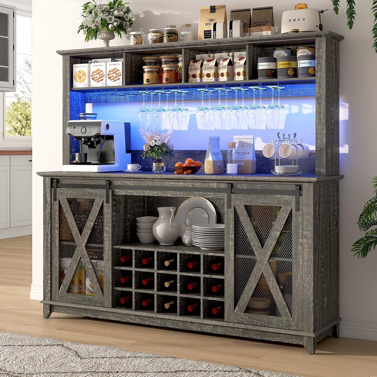 63"Wide 58"H Farmhouse Coffee Bar Cabinet with LED Light,Wine Bar Cabinet w/ 4 Storage Hutch,Kitchen Buffet Cabinet w/Sliding Barn Door & 15 Wine and Glass Racks for Kitchen Dining Room(Brown)