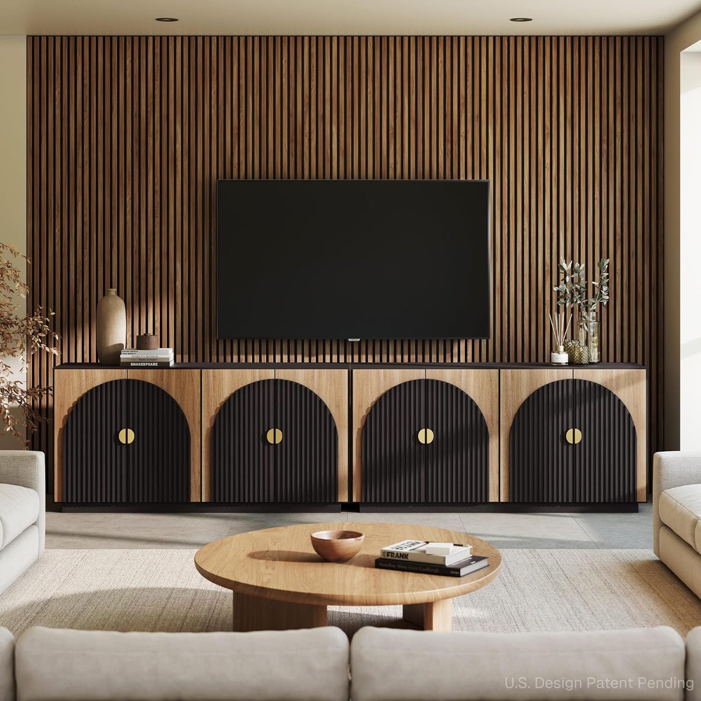 BELLEZE 65 Inch Fluted TV Stand, Mid Century Modern Entertainment Center with Storage Cabinets & Open Shelves, Media Console TV Cabinet with Adjustable Shelves for Living Room, Caramel Brown