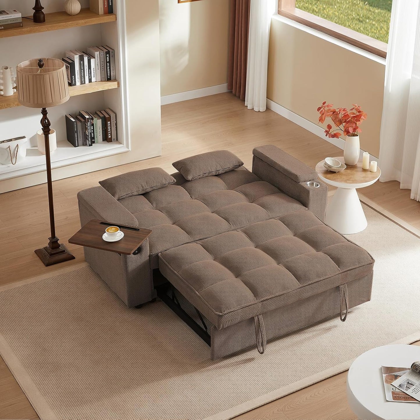 65'' 3-in-1 Folding Convertible Sofa Bed, Pullout Sofa, Modern Chenille Fabric, 360° Swivel Side Table, Easy Assembly, Perfect for Living Room, Black