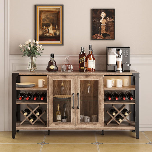 Vabches 58" Wine Cabinet with Wine Rack Storage,Home Bar for Liquor and Glasses, Farmhouse Coffee Bar Cabinet, Liquor Cabinet for Home Living Room Dining Room