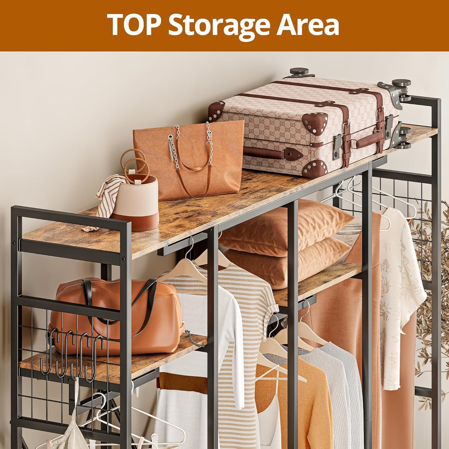 IRONCK Garment Racks and Storage Shelves, Heavy Duty Clothes Rack with 4 Wooden Drawers and Hanging Rods, Freestanding Closet Wardrobe Rack, Vintage Brown
