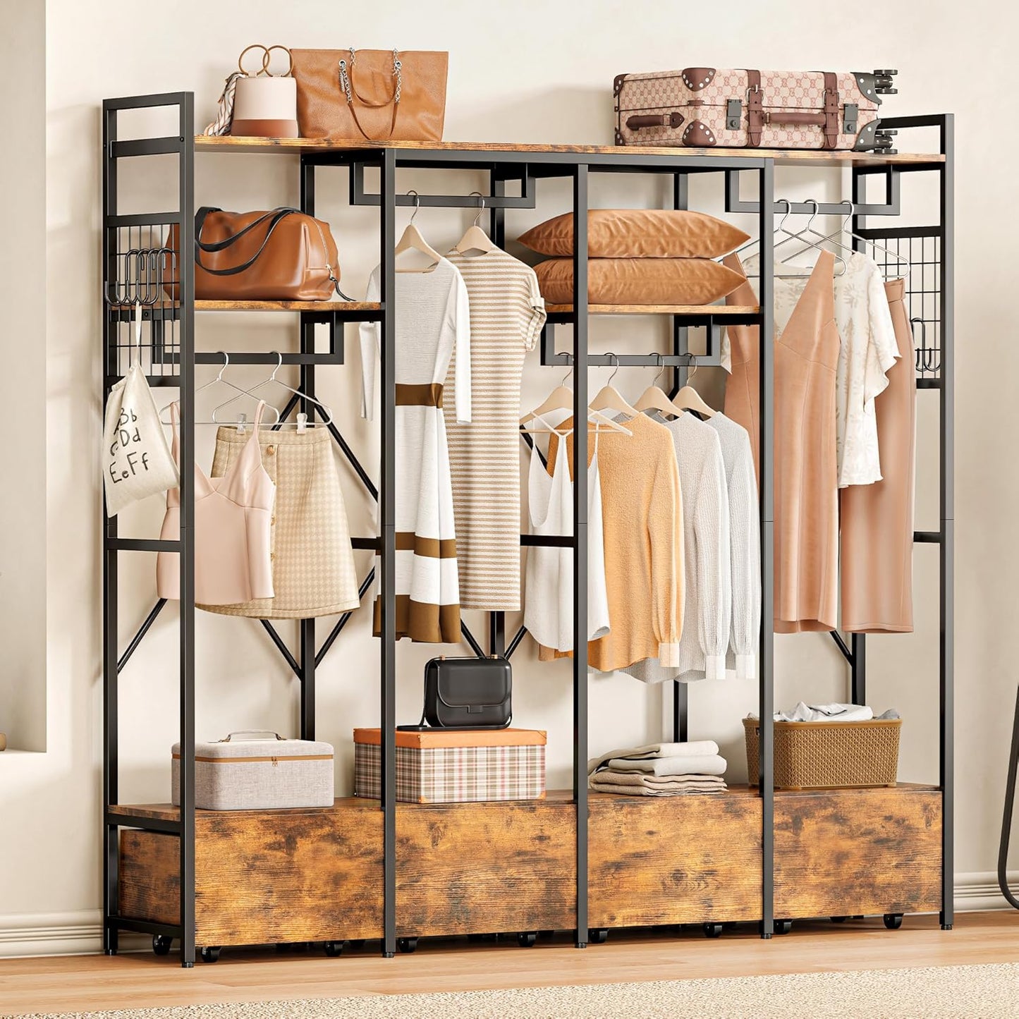 IRONCK Garment Racks and Storage Shelves, Heavy Duty Clothes Rack with 4 Wooden Drawers and Hanging Rods, Freestanding Closet Wardrobe Rack, Vintage Brown