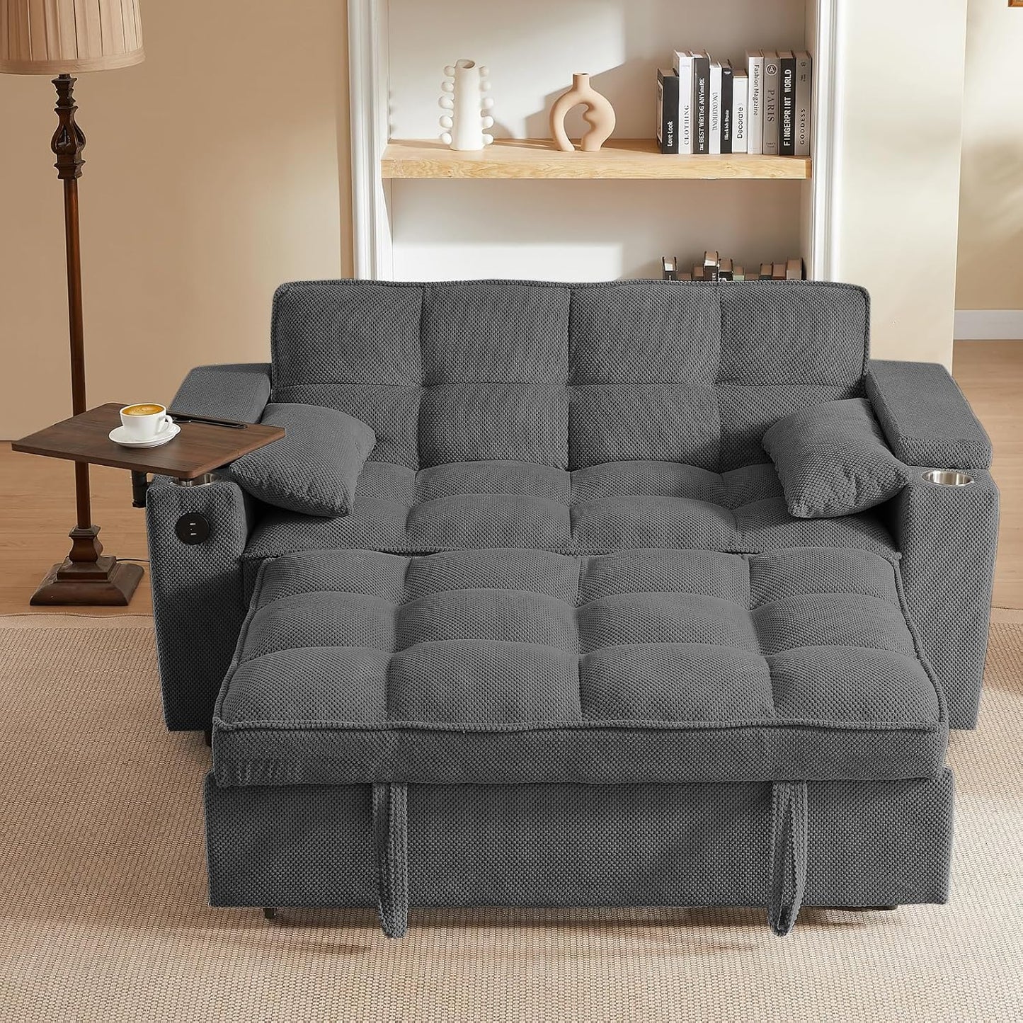 65'' 3-in-1 Folding Convertible Sofa Bed, Pullout Sofa, Modern Chenille Fabric, 360° Swivel Side Table, Easy Assembly, Perfect for Living Room, Black